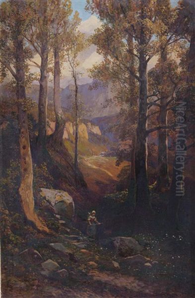 Reisigsammlerin Im Herbstwald Oil Painting by Friedrich Frank