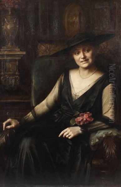 Portrat Einer Dame Mit Schwarzem Hut Und Tullkleid Oil Painting by Gustav Frank