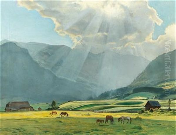 Grazing Horses In A Summer Landscape Oil Painting by Hans Frank