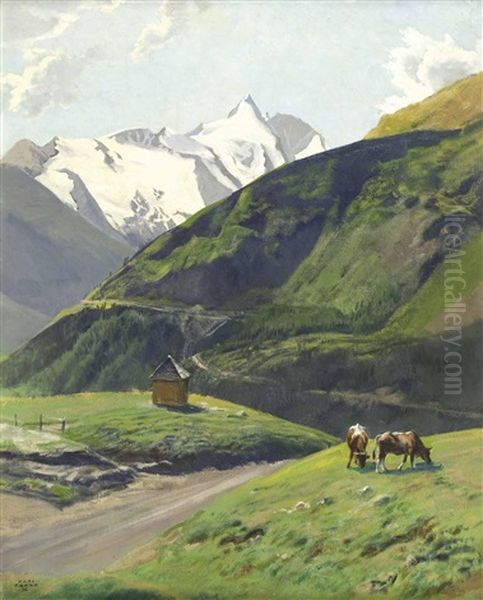 Kuhe Auf Der Alm Mit Gletscher Im Hintergrund Oil Painting by Hans Frank