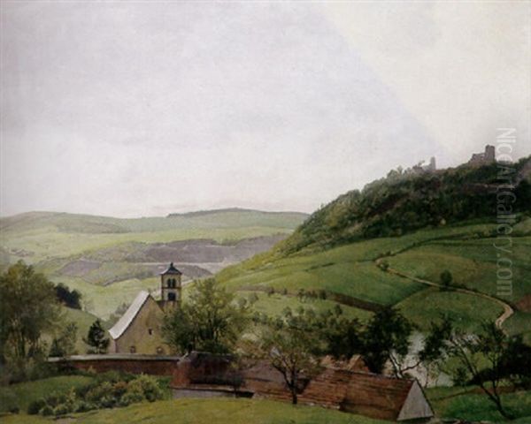 Blick Von Der Hohe Uber Hugelige Landschaft Mit Burgruine, Kirchdorf Und Steinbruch Oil Painting by Hans Frank