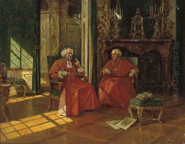 Two Cardinals In A Sunlit Interior Oil Painting by Josef Egon Frank