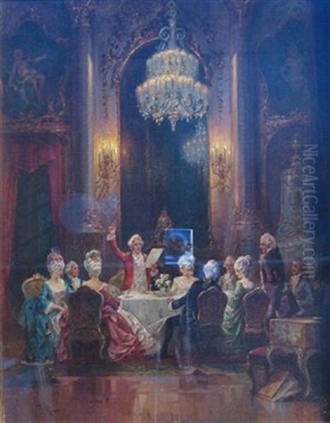 18th Century Interior With Figures Oil Painting by Josef Egon Frank