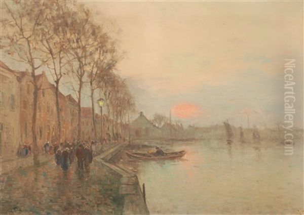 Coucher De Soleil Sur Un Canal En Hollande Anime De Oil Painting by Lucien Frank