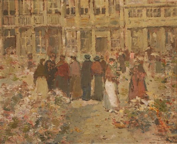 Marche Aux Fleurs A La Grand Place Oil Painting by Lucien Frank