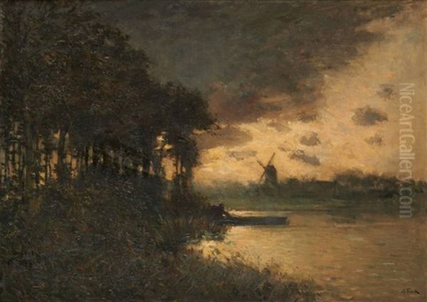 Coucher De Soleil Sur L'etang Oil Painting by Lucien Frank