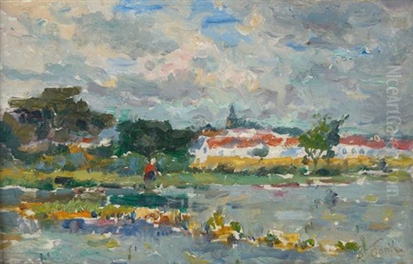 Au Bord De L'etang (luministe) Oil Painting by Lucien Frank