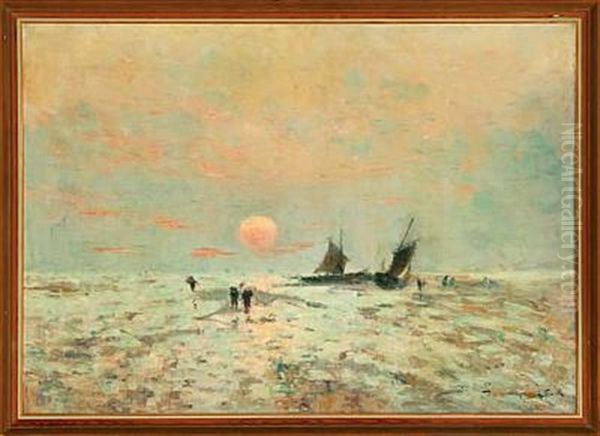 Coastal Scene With Sunshine Above The Ocean At Low Water Oil Painting by Lucien Frank