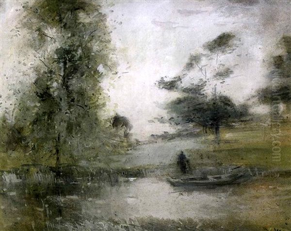 Paysage Brumeux Avec Pecheur Le Long D'un Etang Oil Painting by Lucien Frank