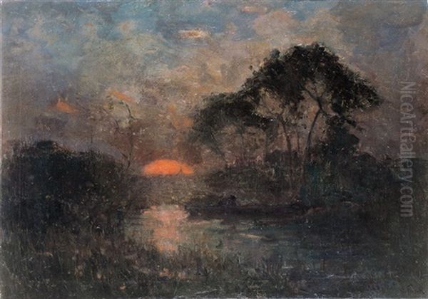 Visser Bij Zonsondergang Oil Painting by Lucien Frank