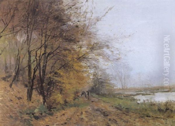 Herfstzicht Met Gespan Langs De Vijvers Van Het Roklooster Te Oudergem by Lucien Frank