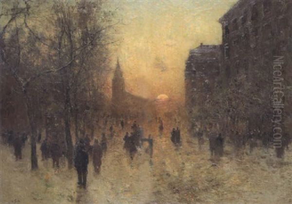 Saint-germain-des-pres Anime Sous La Neige Oil Painting by Lucien Frank