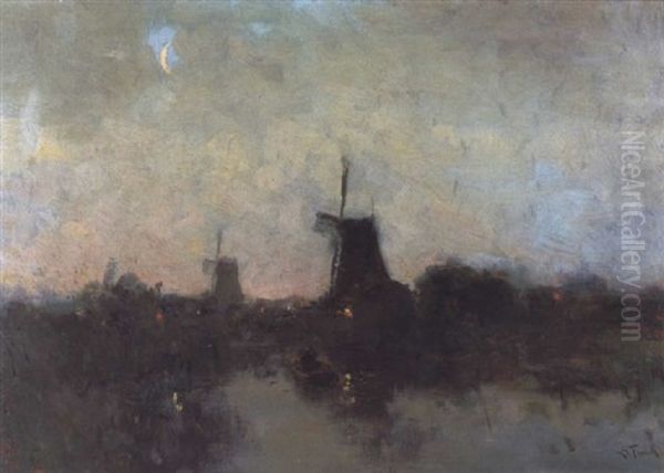 Avond In De Omgeving Van Dordrecht Oil Painting by Lucien Frank