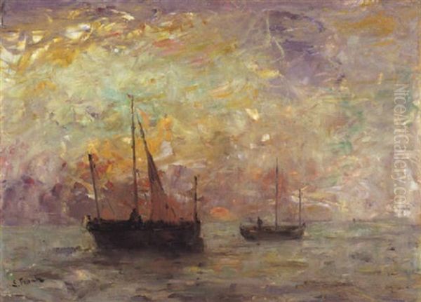 Marine Bij Zonsondergang Oil Painting by Lucien Frank