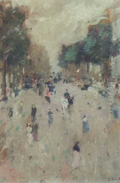 Elegant Figures In A Street Oil Painting by Lucien Frank