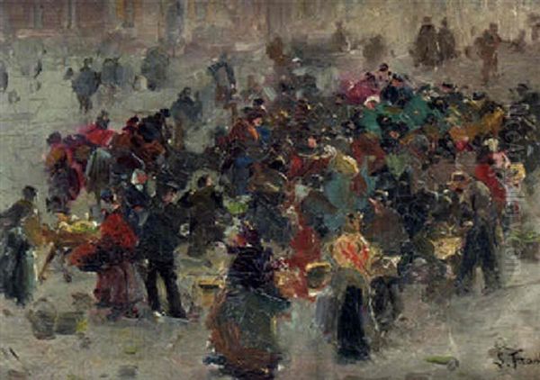 Figures On The Market Place Oil Painting by Lucien Frank