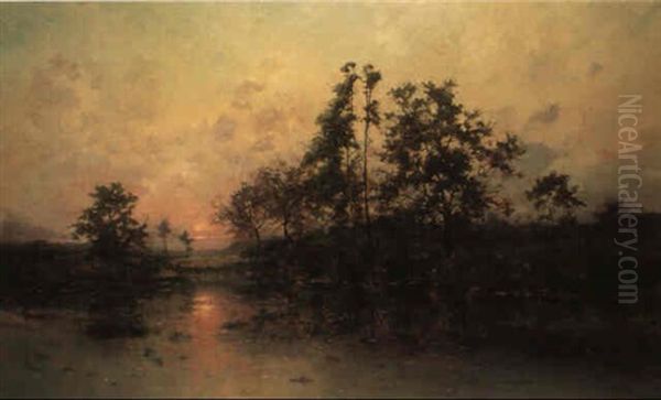 Coucher De Soleil Sur Le Marecage Oil Painting by Lucien Frank