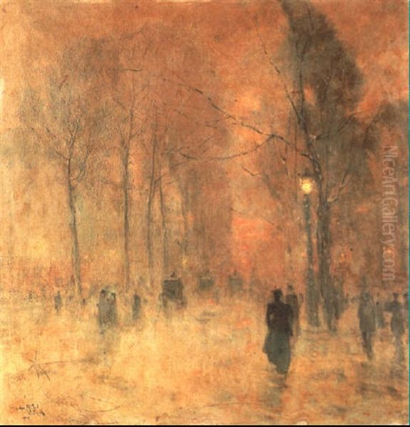 Boulevard Sous La Brume Oil Painting by Lucien Frank