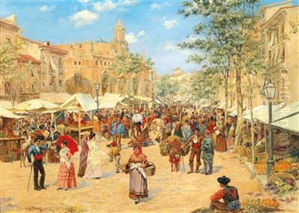 Colourful Spanish Market Scene Oil Painting by Albert Joseph Franke