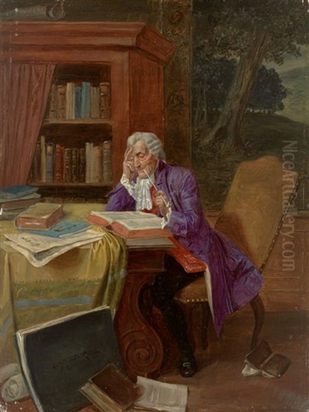 Aufmerksame Lekture. Eleganter Herr Im Habit Des Rokoko Beim Lesen In Der Bibliothek Oil Painting by Albert Joseph Franke