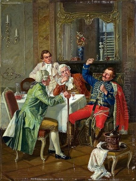 Herrenrunde Der Rokokozeit In Einem Salon Oil Painting by Albert Joseph Franke