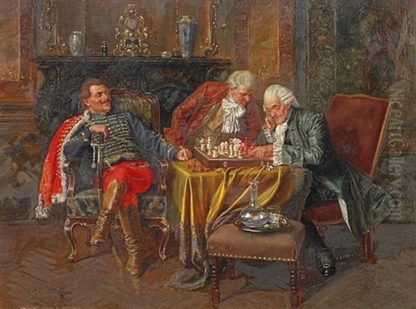 Der Siegreiche Zug. Herrenrunde Im Salon, Dem Schachspiele Frohnend Oil Painting by Albert Joseph Franke