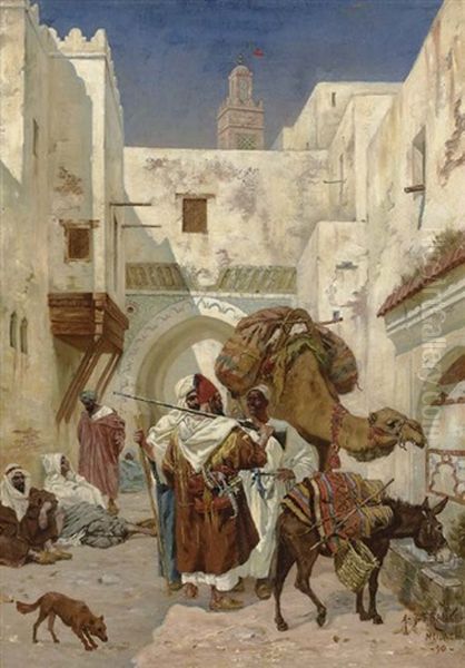 At The Watering Trough With The Minaret Of Tangiers Mosque In The Background Oil Painting by Albert Joseph Franke