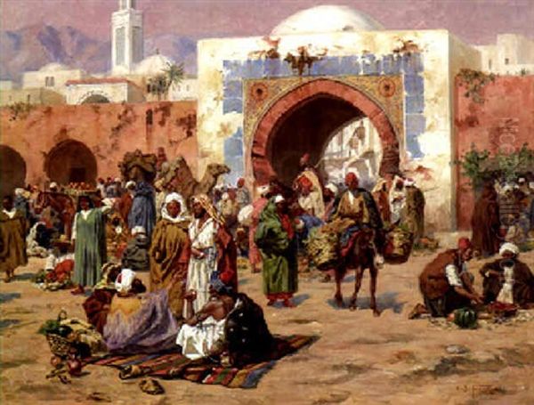 The Market By The City Gate Oil Painting by Albert Joseph Franke