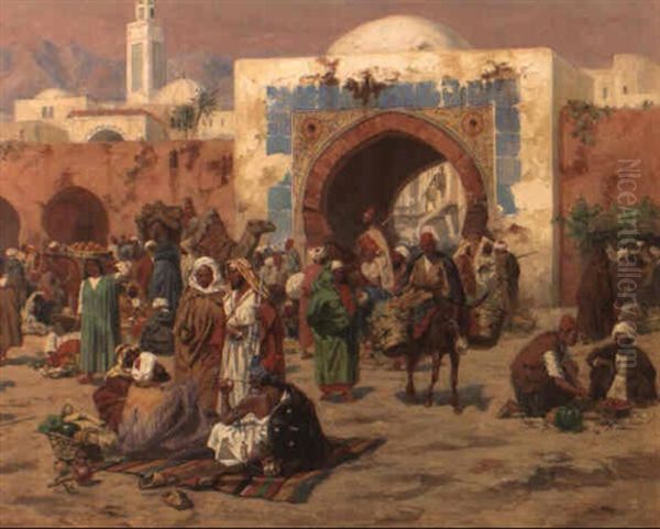 An Arab Market By A City Gate Oil Painting by Albert Joseph Franke