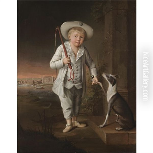 Portrait Of Christian Hohenzollern Wearing A White Costume And Hat, With His Pet Whippet By The River Oder, The Castle Of Schwedt Beyond Oil Painting by Johann Heinrich Christian Franke