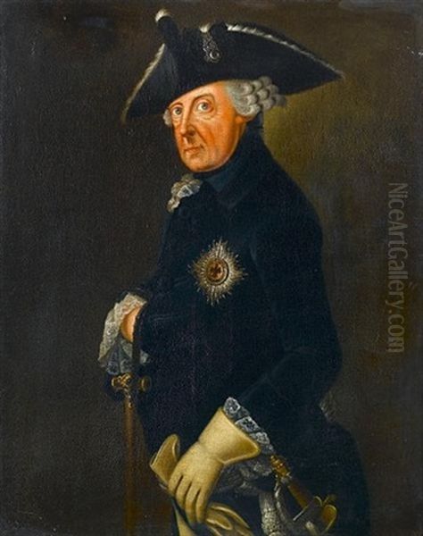 Portrait Of Frederick Ii Of Prussia, Three-quarter-length, In Military Uniform With A Tricorn Hat And The Badge Of The Prussian Order Of The Black Eagle Oil Painting by Johann Heinrich Christian Franke