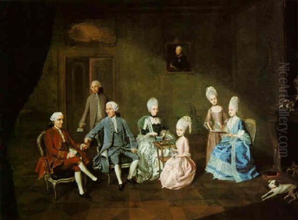 A Conversation Piece: Marc Antoine Andre De La Haye De Launay Seated In An Interior With His Wife And Three Daughters, Talking To A Friend Oil Painting by Johann Heinrich Christian Franke