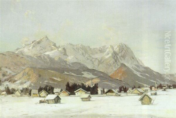 Verschneite Winterlandschaft Mit Kirchdorf Und Aufragendem Massiv by Clemens Fraenkel