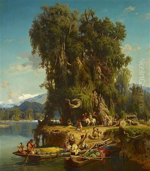 Kaukasische Bauern In Ihren Booten Am Ufer Oil Painting by Paul Von Franken