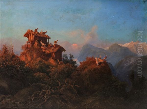 Ibex In The Caucasus Mountains Oil Painting by Paul Von Franken