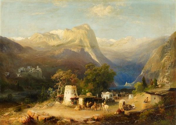 Caucasian Landscape With A Village Oil Painting by Paul Von Franken