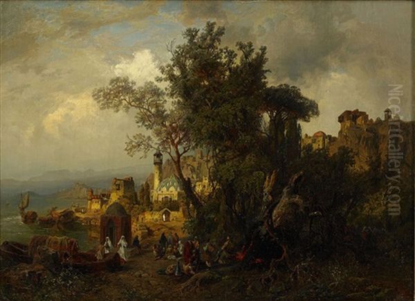 A Settlement Said To Be On The Kura River In Georgia Oil Painting by Paul Von Franken