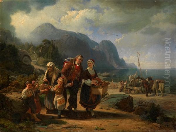 Figures On The Shore Of The Black Sea Oil Painting by Paul Von Franken