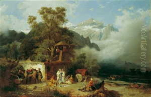 Gebirgslandschaft Im Kaukasus Mit Reicher Figurenstaffage Oil Painting by Paul Von Franken