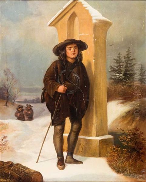 Fallensteller In Winterlicher Landschaft Vor Einem Marter Oil Painting by Johann Frankenberger