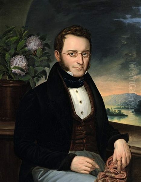 Portrait Eines Sitzenden Herrn, Neben Ihm Eine Hortensie Oil Painting by Johann Frankenberger