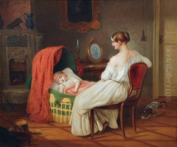 Young Mother At Her Child's Cradle Oil Painting by Johann Frankenberger