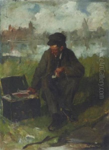 A Man Smoking A Pipe By The Waterside Oil Painting by Eduard Frankfort