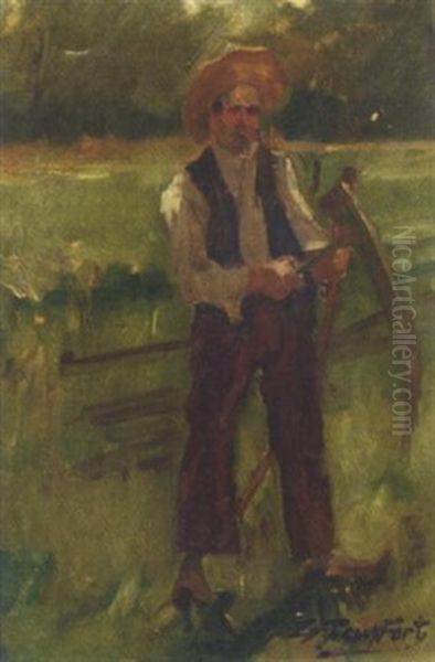 A Farmer Sharpening His Scythe Oil Painting by Eduard Frankfort