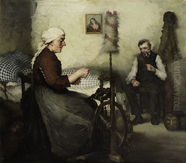 Bauerin Am Spinnrad Und Pfeife Rauchender Bauer In Der Stube Oil Painting by Robert Frank-Krauss