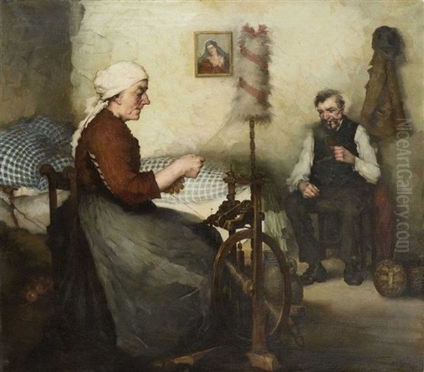 Bauerin Am Spinnrad Und Pfeife Rauchender Bauer In Der Stube Oil Painting by Robert Frank-Krauss