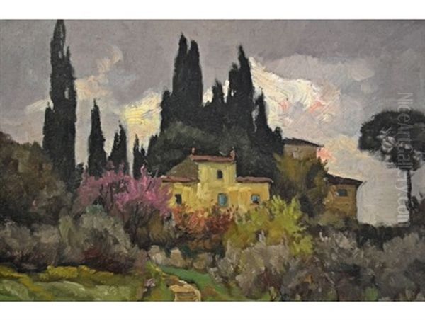 A House Amongst Cypress Trees Oil Painting by Franz Xaver Frankl