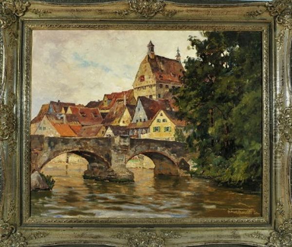 Partie Am Neckar Mit Blick Auf Die Steinerne Brucke Von Besigheim, Leicht Erhoht Das Rathaus Der Stadt Oil Painting by Franz Xaver Frankl