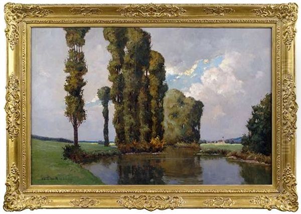 Sommerliche Landschaft Am See Mit Blick Auf Ein Kirchdorf by Franz Xaver Frankl