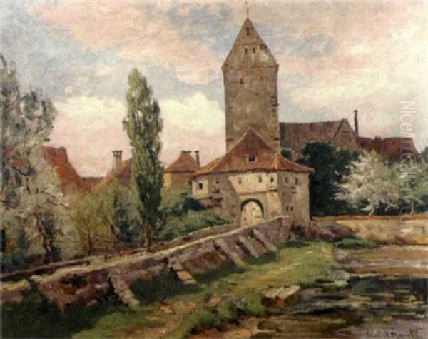 Continental Village Landscape Oil Painting by Franz Xaver Frankl